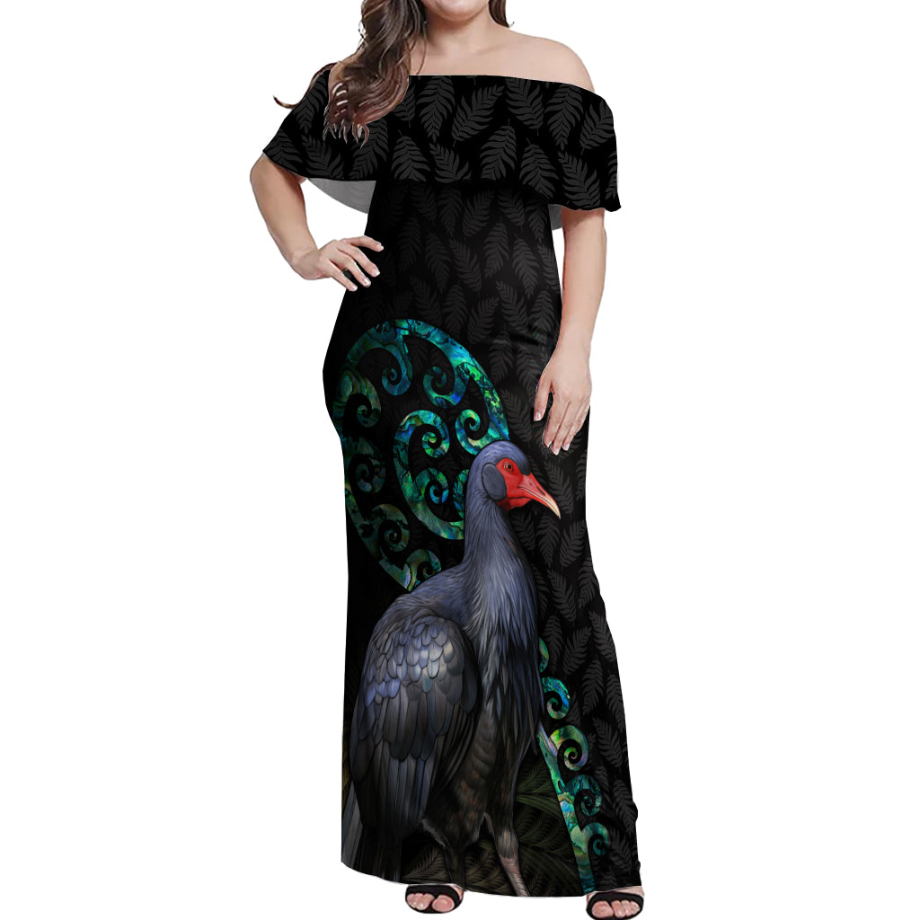 Custom Pukeko New Zealand Off Shoulder Maxi Dress Koru Papua Shell with Silver Fern Pattern LT03 Women Black - Polynesian Pride