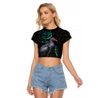 Custom Pukeko New Zealand Raglan Cropped T Shirt Koru Papua Shell with Silver Fern Pattern LT03 Female Black - Polynesian Pride