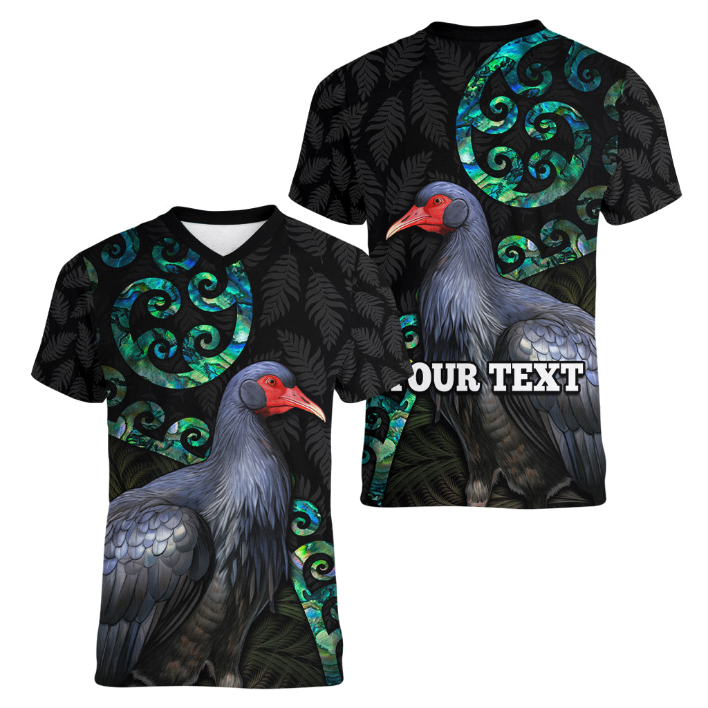 Custom Pukeko New Zealand Women V Neck T Shirt Koru Papua Shell with Silver Fern Pattern LT03 - Polynesian Pride