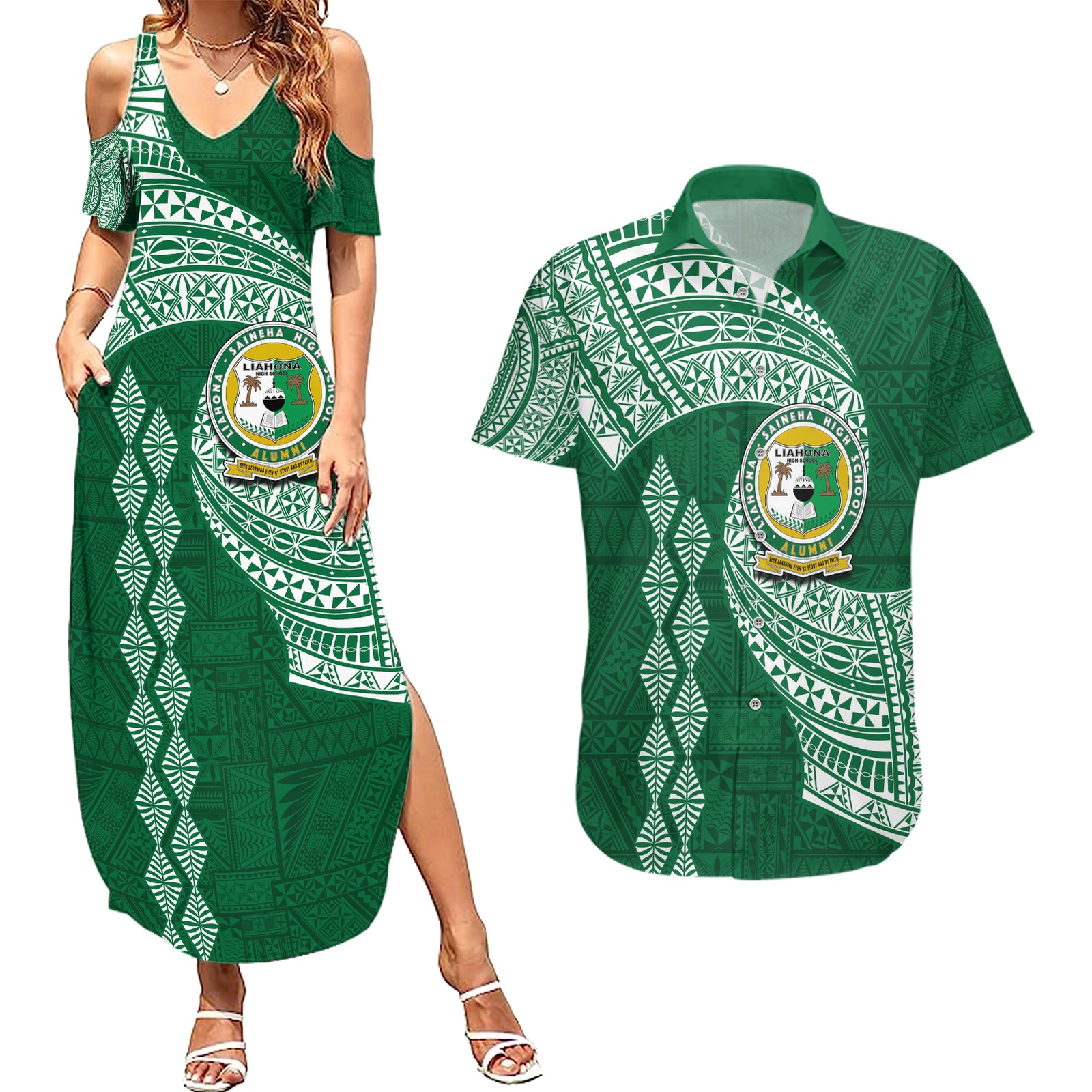 Tonga Lahaina High School Couples Matching Summer Maxi Dress and Hawaiian Shirt Traditional Ngatu and Polynesian Pattern LT03 Green - Polynesian Pride