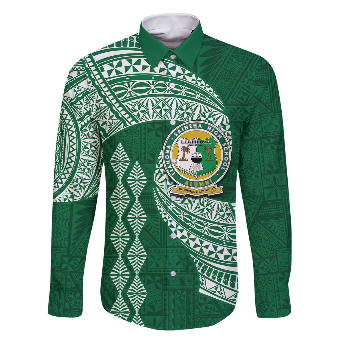 Tonga Lahaina High School Family Matching Off Shoulder Short Dress and Hawaiian Shirt Traditional Ngatu and Polynesian Pattern LT03 Dad's Shirt - Long Sleeve Green - Polynesian Pride
