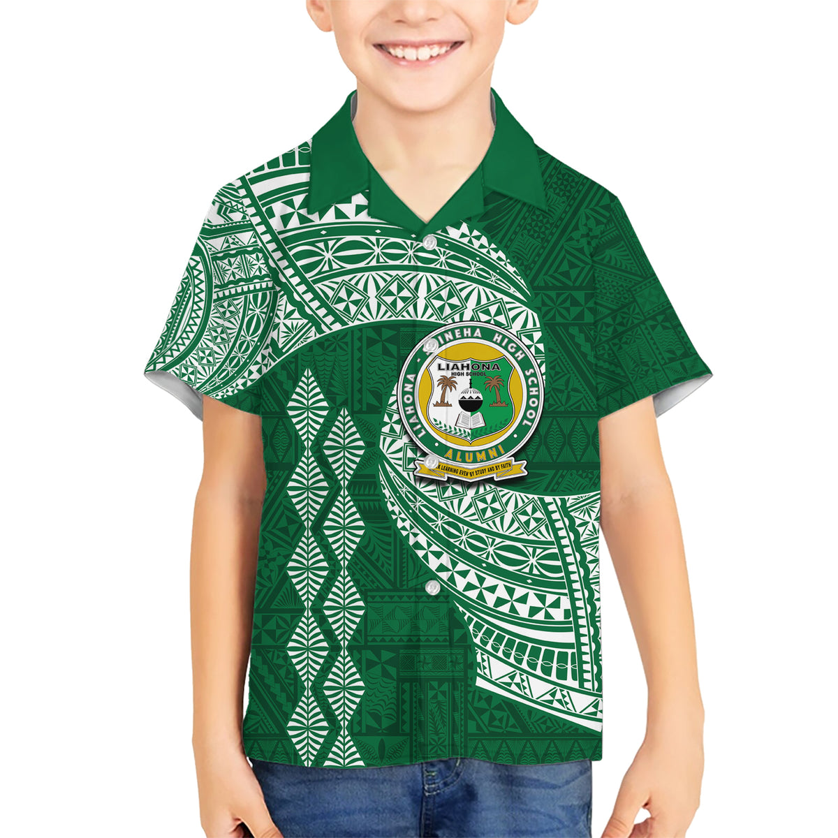 Tonga Lahaina High School Family Matching Short Sleeve Bodycon Dress and Hawaiian Shirt Traditional Ngatu and Polynesian Pattern LT03 Son's Shirt Green - Polynesian Pride