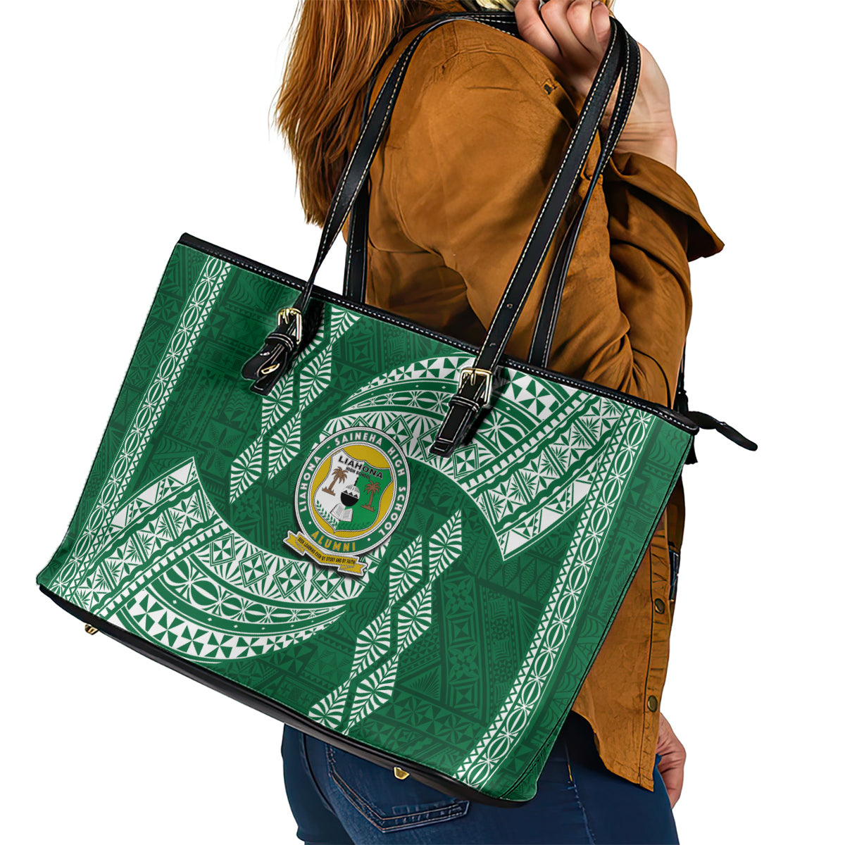 Tonga Lahaina High School Leather Tote Bag Traditional Ngatu and Polynesian Pattern LT03 - Polynesian Pride