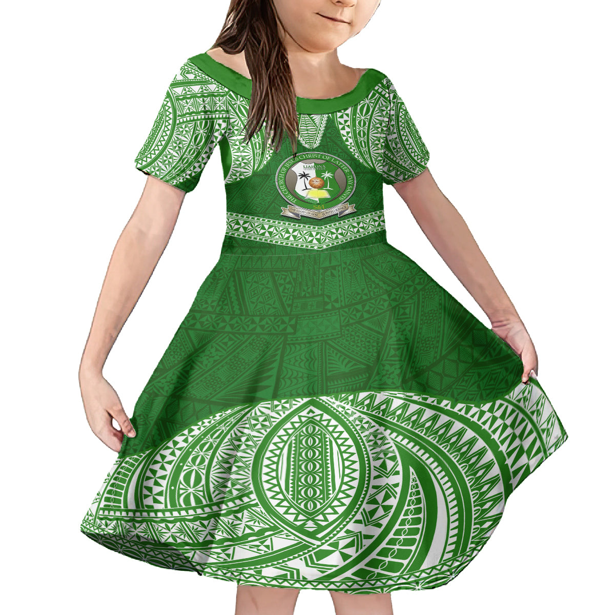 Tonga Liahona High School Family Matching Off Shoulder Short Dress and Hawaiian Shirt Traditional Ngatu and Polynesian Pattern LT03 Daughter's Dress Green - Polynesian Pride