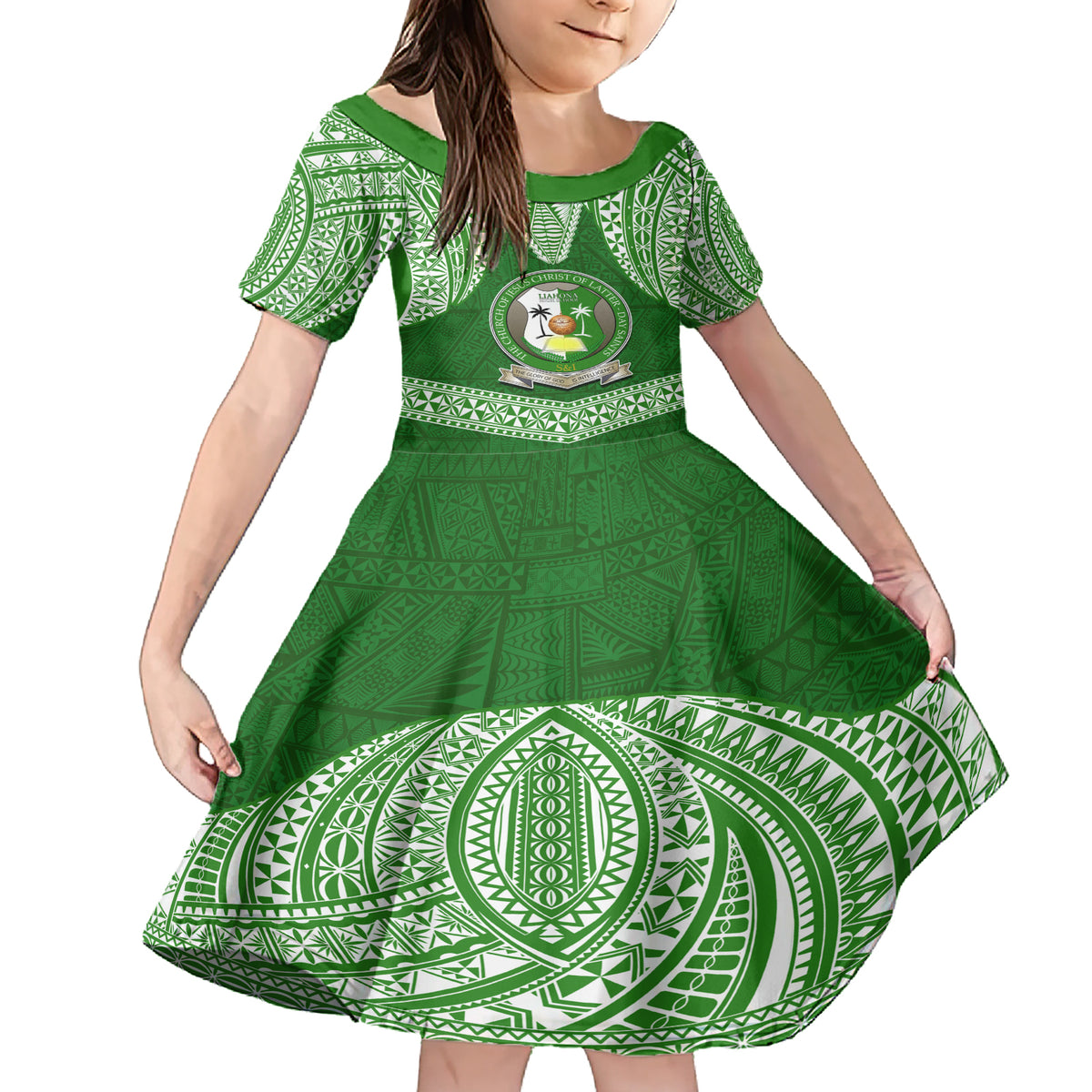 Tonga Liahona High School Family Matching Short Sleeve Bodycon Dress and Hawaiian Shirt Traditional Ngatu and Polynesian Pattern LT03 Daughter's Dress Green - Polynesian Pride