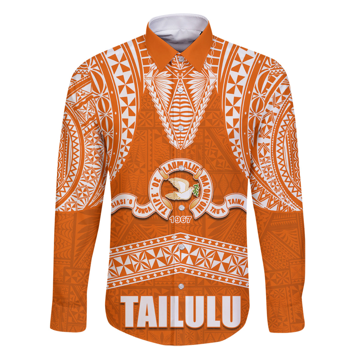 Tonga Tailulu College Family Matching Long Sleeve Bodycon Dress and Hawaiian Shirt Traditional Ngatu and Polynesian Pattern LT03 Dad's Shirt - Long Sleeve Orange - Polynesian Pride