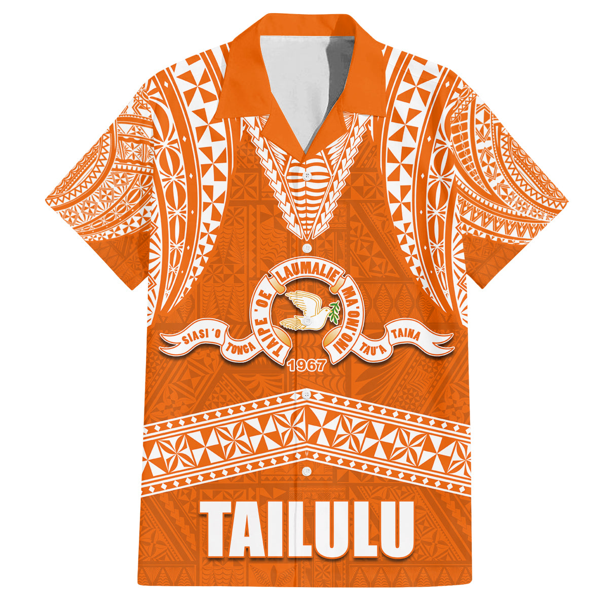 Tonga Tailulu College Family Matching Off Shoulder Maxi Dress and Hawaiian Shirt Traditional Ngatu and Polynesian Pattern LT03 Dad's Shirt - Short Sleeve Orange - Polynesian Pride