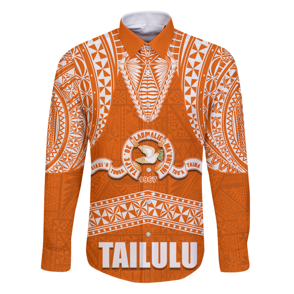 Tonga Tailulu College Family Matching Puletasi Dress and Hawaiian Shirt Traditional Ngatu and Polynesian Pattern LT03 Dad's Shirt - Long Sleeve Orange - Polynesian Pride