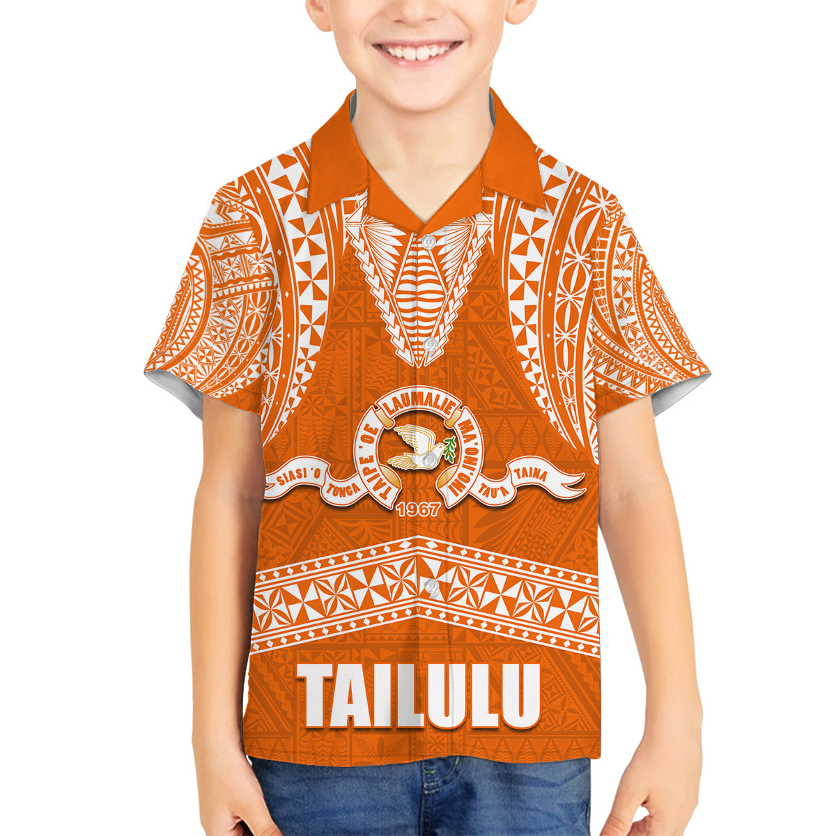 Tonga Tailulu College Family Matching Summer Maxi Dress and Hawaiian Shirt Traditional Ngatu and Polynesian Pattern LT03 Son's Shirt Orange - Polynesian Pride