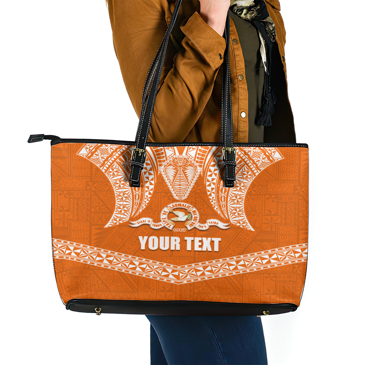 Tonga Tailulu College Leather Tote Bag Traditional Ngatu and Polynesian Pattern LT03 - Polynesian Pride