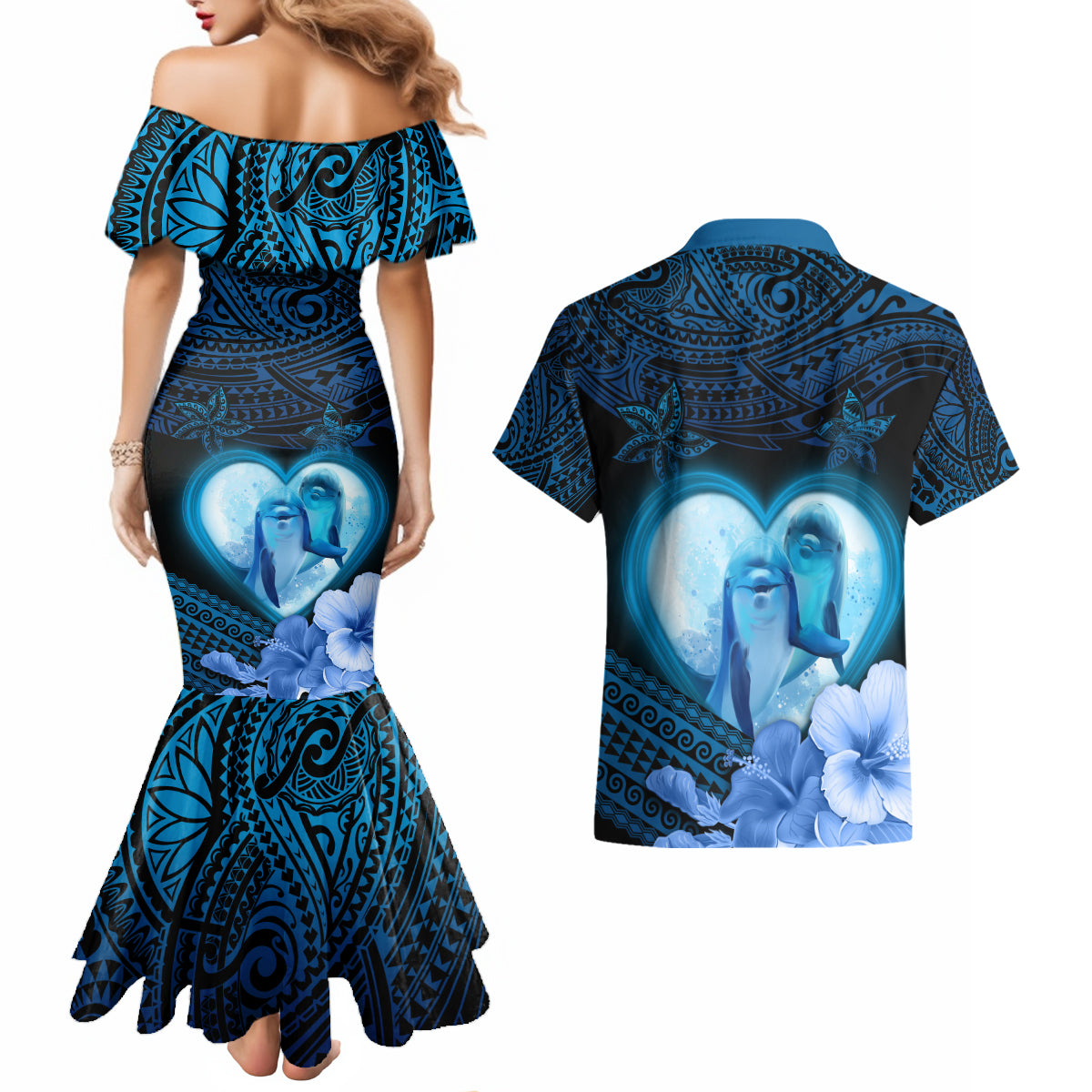 Dolphin Couple Love Story Valentine Day Couples Matching Mermaid Dress and Hawaiian Shirt With Polynesian Tribal Tattoo Blue Style LT03 - Polynesian Pride