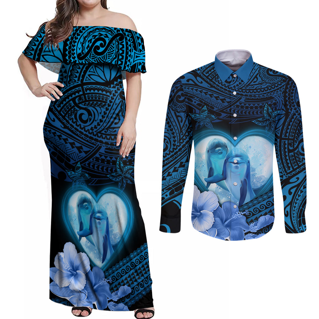 Dolphin Couple Love Story Valentine Day Couples Matching Off Shoulder Maxi Dress and Long Sleeve Button Shirt With Polynesian Tribal Tattoo Blue Style LT03 Blue - Polynesian Pride