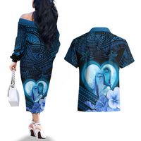 Dolphin Couple Love Story Valentine Day Couples Matching Off The Shoulder Long Sleeve Dress and Hawaiian Shirt With Polynesian Tribal Tattoo Blue Style LT03 - Polynesian Pride