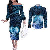 Dolphin Couple Love Story Valentine Day Couples Matching Off The Shoulder Long Sleeve Dress and Long Sleeve Button Shirt With Polynesian Tribal Tattoo Blue Style LT03 Blue - Polynesian Pride