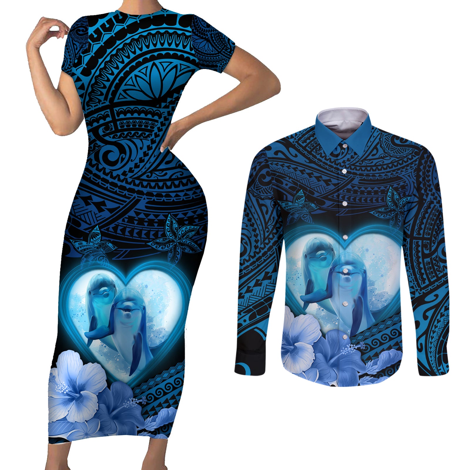 Dolphin Couple Love Story Valentine Day Couples Matching Short Sleeve Bodycon Dress and Long Sleeve Button Shirt With Polynesian Tribal Tattoo Blue Style LT03 Blue - Polynesian Pride