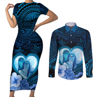 Dolphin Couple Love Story Valentine Day Couples Matching Short Sleeve Bodycon Dress and Long Sleeve Button Shirt With Polynesian Tribal Tattoo Blue Style LT03 Blue - Polynesian Pride