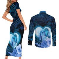 Dolphin Couple Love Story Valentine Day Couples Matching Short Sleeve Bodycon Dress and Long Sleeve Button Shirt With Polynesian Tribal Tattoo Blue Style LT03 - Polynesian Pride