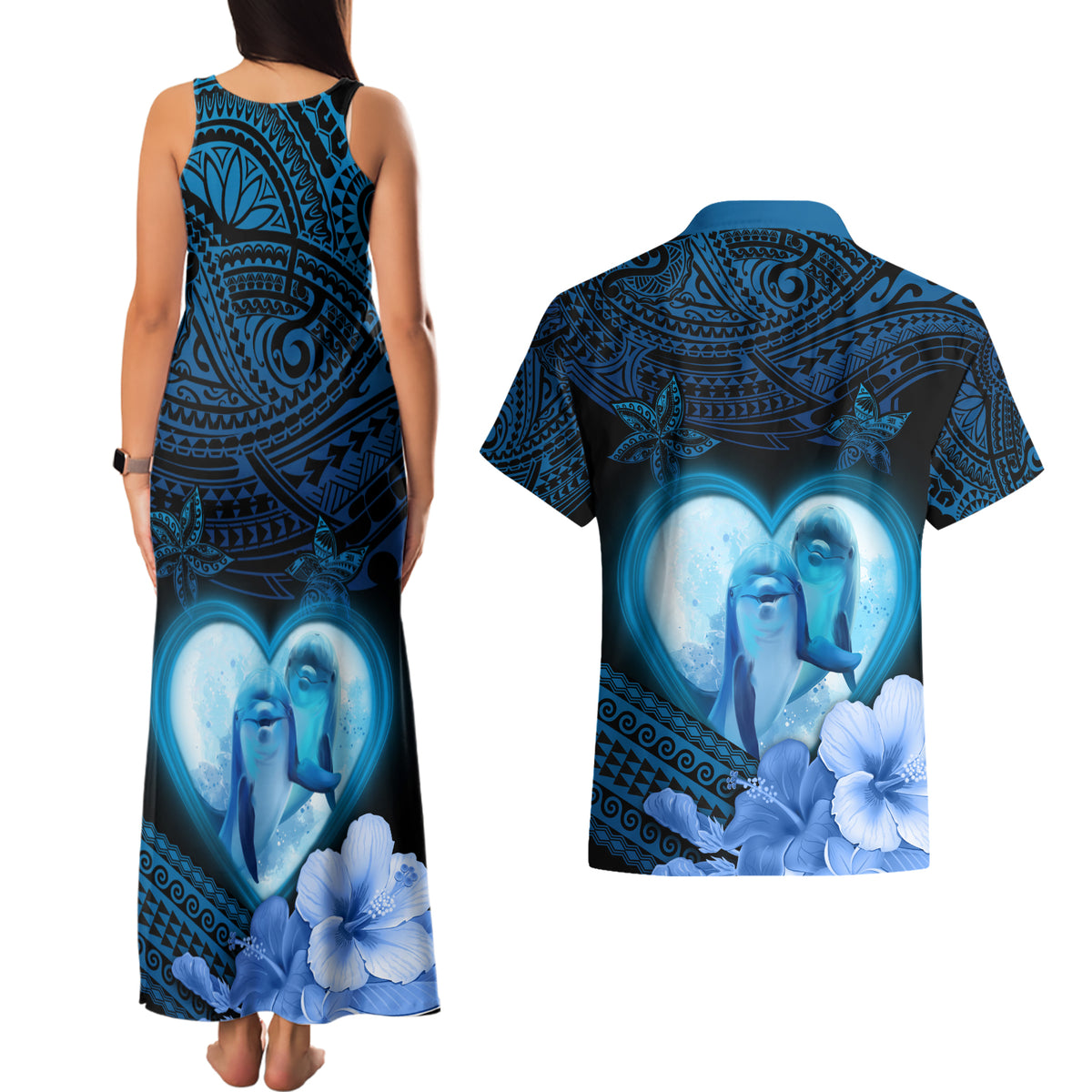 Dolphin Couple Love Story Valentine Day Couples Matching Tank Maxi Dress and Hawaiian Shirt With Polynesian Tribal Tattoo Blue Style LT03 - Polynesian Pride