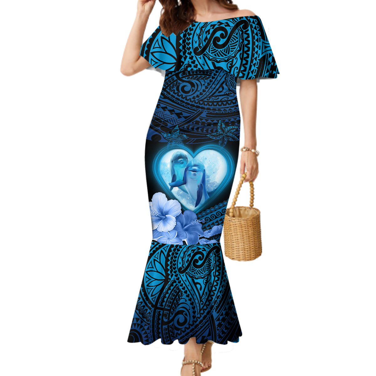 Dolphin Couple Love Story Valentine Day Family Matching Mermaid Dress and Hawaiian Shirt With Polynesian Tribal Tattoo Blue Style LT03 Mom's Dress Blue - Polynesian Pride