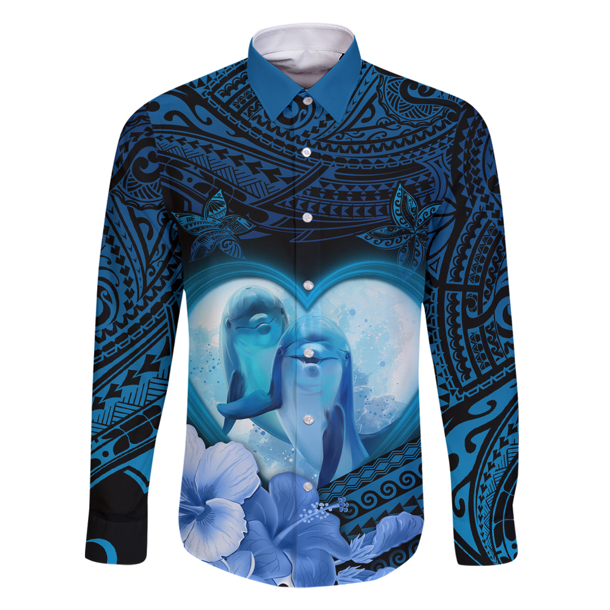 Dolphin Couple Love Story Valentine Day Family Matching Off Shoulder Long Sleeve Dress and Hawaiian Shirt With Polynesian Tribal Tattoo Blue Style LT03 Dad's Shirt - Long Sleeve Blue - Polynesian Pride