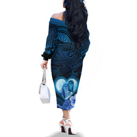 Dolphin Couple Love Story Valentine Day Family Matching Off Shoulder Long Sleeve Dress and Hawaiian Shirt With Polynesian Tribal Tattoo Blue Style LT03 - Polynesian Pride