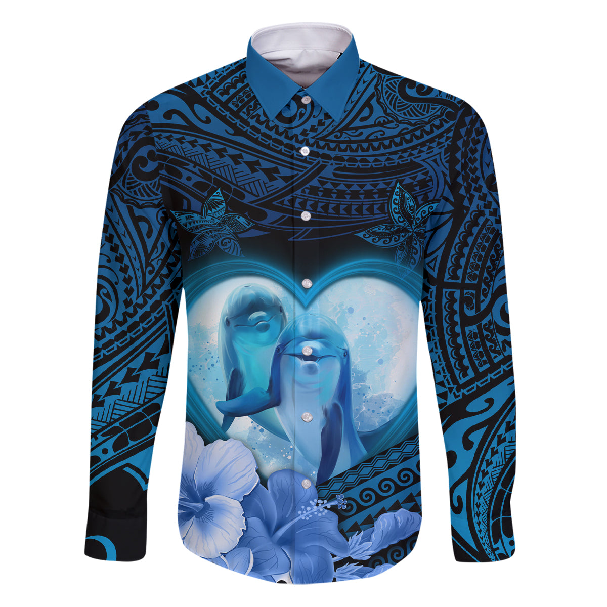 Dolphin Couple Love Story Valentine Day Family Matching Puletasi and Hawaiian Shirt With Polynesian Tribal Tattoo Blue Style LT03 Dad's Shirt - Long Sleeve Blue - Polynesian Pride