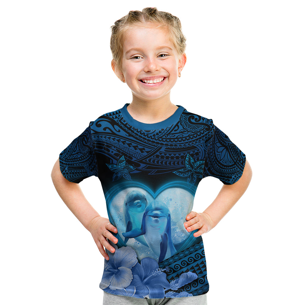 Dolphin Couple Love Story Valentine Day Kid T Shirt With Polynesian Tribal Tattoo Blue Style LT03 Blue - Polynesian Pride
