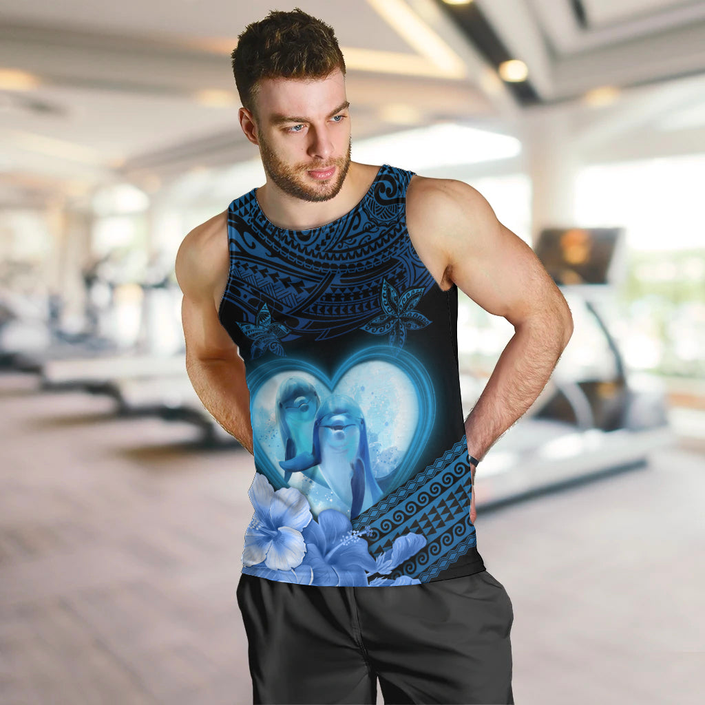Dolphin Couple Love Story Valentine Day Men Tank Top With Polynesian Tribal Tattoo Blue Style LT03 Blue - Polynesian Pride