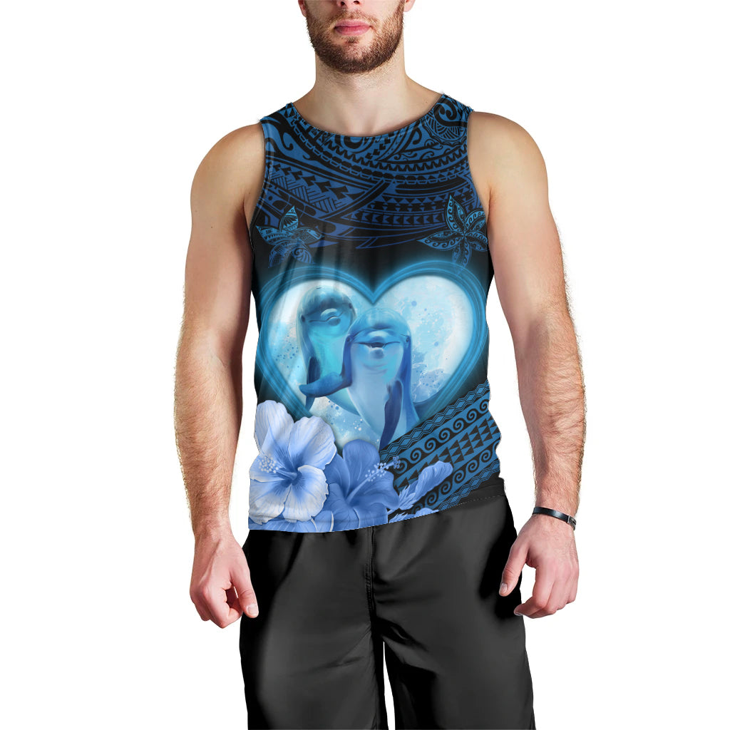 Dolphin Couple Love Story Valentine Day Men Tank Top With Polynesian Tribal Tattoo Blue Style LT03 - Polynesian Pride