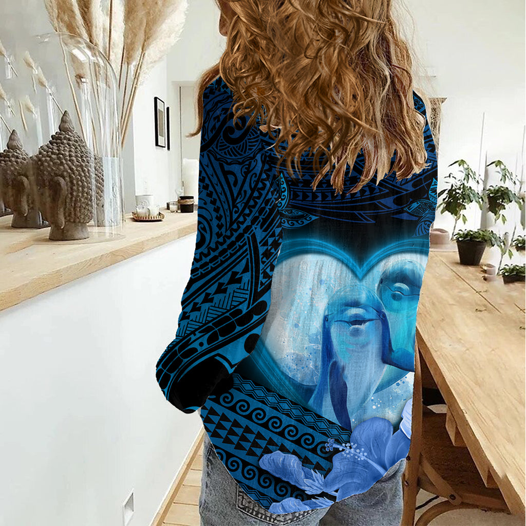 Dolphin Couple Love Story Valentine Day Women Casual Shirt With Polynesian Tribal Tattoo Blue Style LT03 - Polynesian Pride