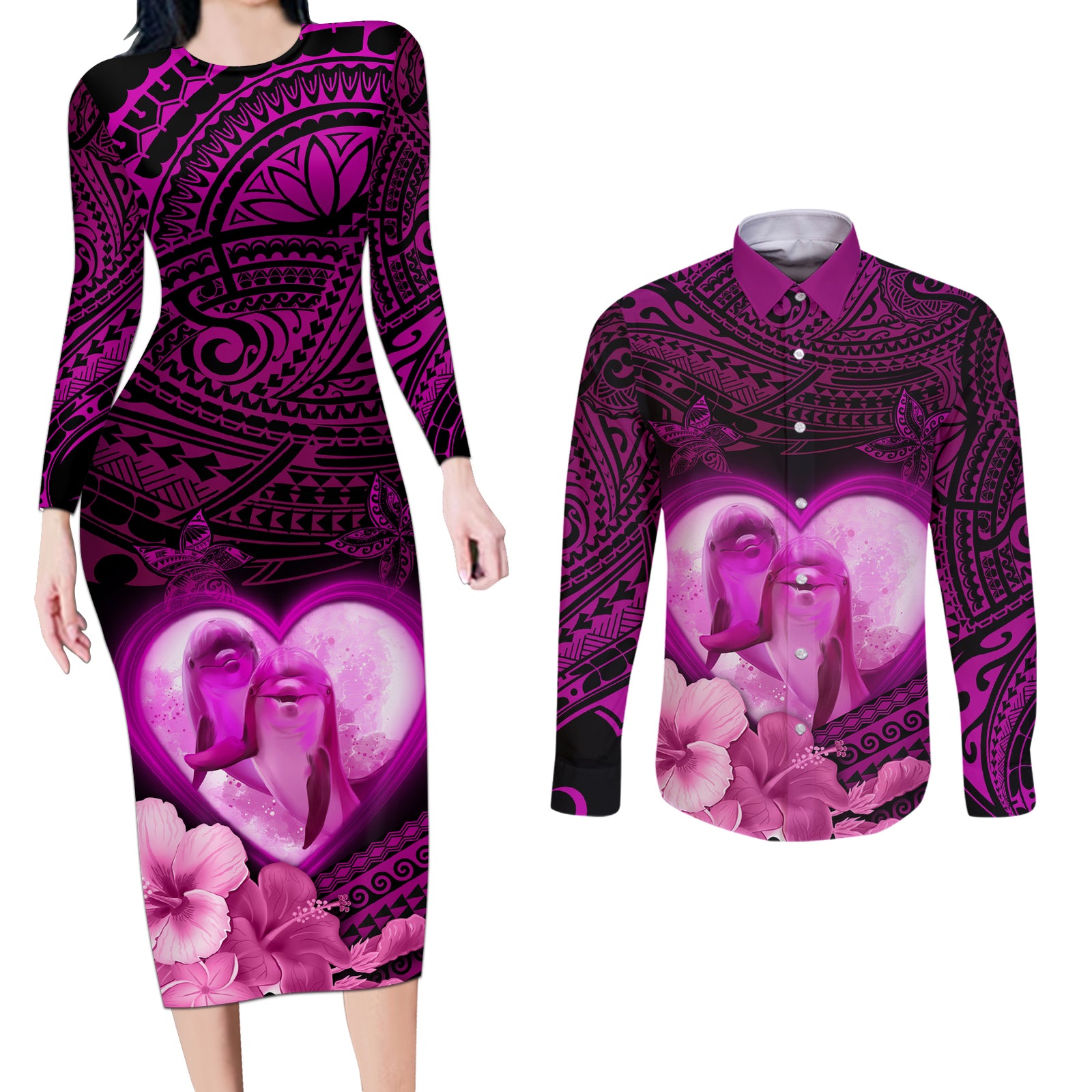 Dolphin Couple Love Story Valentine Day Couples Matching Long Sleeve Bodycon Dress and Long Sleeve Button Shirt With Polynesian Tribal Tattoo Pink Style LT03 Pink - Polynesian Pride