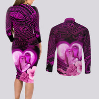 Dolphin Couple Love Story Valentine Day Couples Matching Long Sleeve Bodycon Dress and Long Sleeve Button Shirt With Polynesian Tribal Tattoo Pink Style LT03 - Polynesian Pride