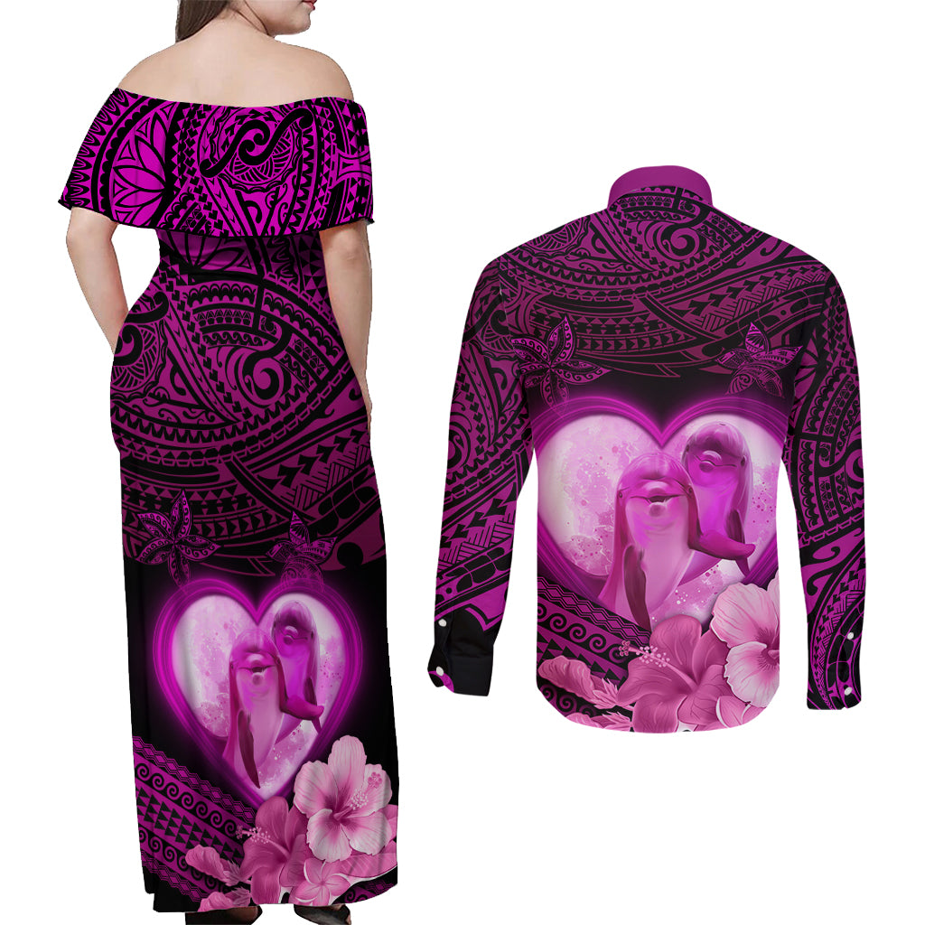 Dolphin Couple Love Story Valentine Day Couples Matching Off Shoulder Maxi Dress and Long Sleeve Button Shirt With Polynesian Tribal Tattoo Pink Style LT03 - Polynesian Pride