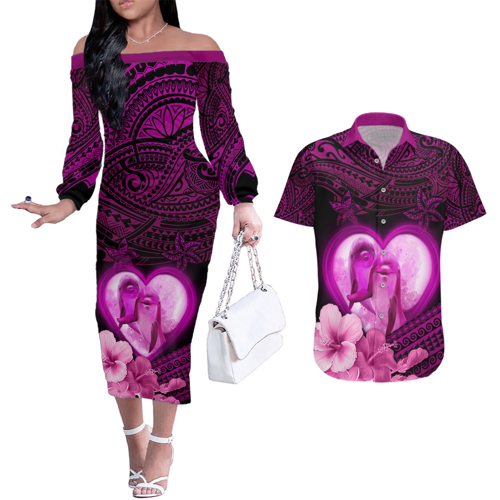 Dolphin Couple Love Story Valentine Day Couples Matching Off The Shoulder Long Sleeve Dress and Hawaiian Shirt With Polynesian Tribal Tattoo Pink Style LT03 Pink - Polynesian Pride