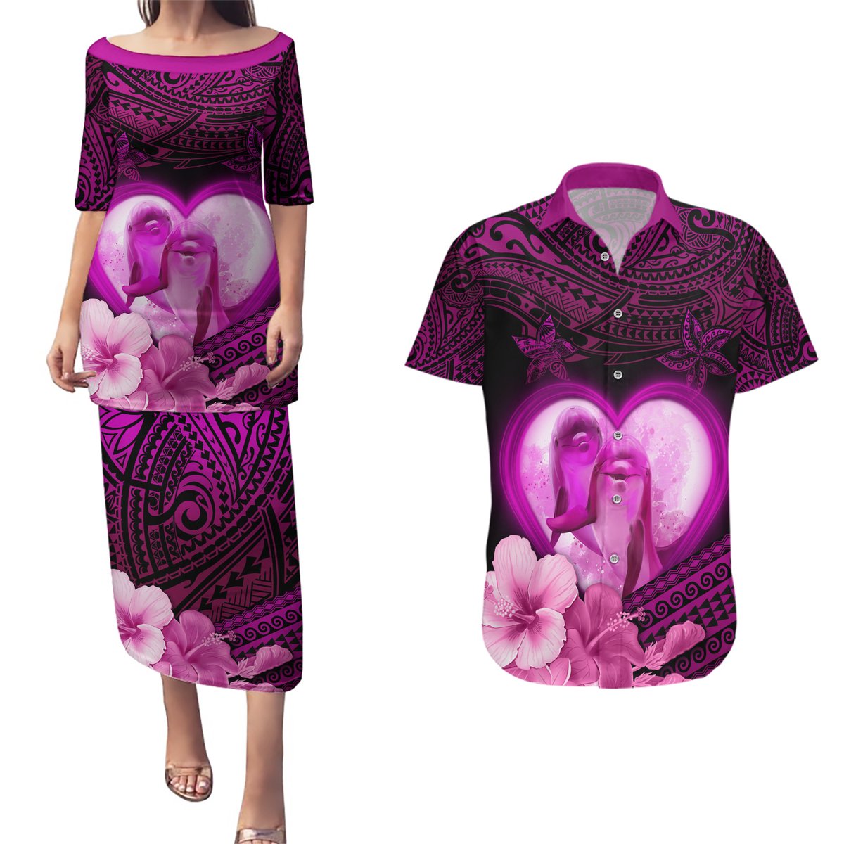 Dolphin Couple Love Story Valentine Day Couples Matching Puletasi and Hawaiian Shirt With Polynesian Tribal Tattoo Pink Style LT03 Pink - Polynesian Pride