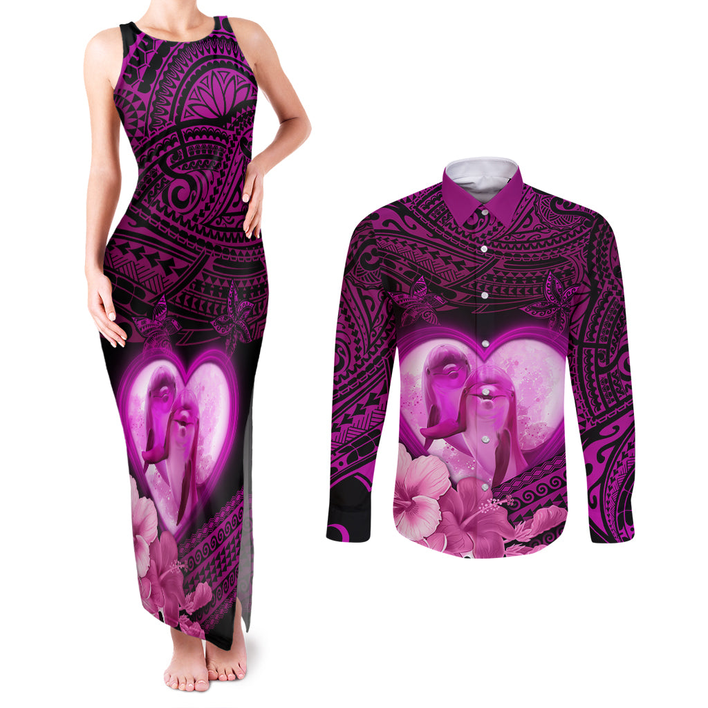Dolphin Couple Love Story Valentine Day Couples Matching Tank Maxi Dress and Long Sleeve Button Shirt With Polynesian Tribal Tattoo Pink Style LT03 Pink - Polynesian Pride