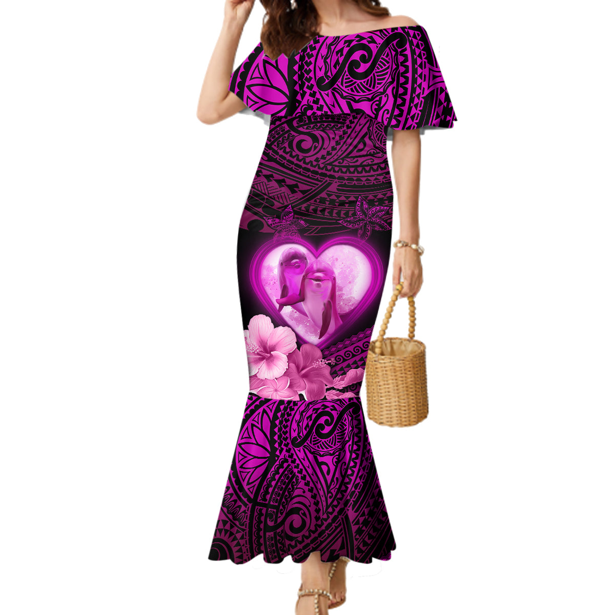 Dolphin Couple Love Story Valentine Day Family Matching Mermaid Dress and Hawaiian Shirt With Polynesian Tribal Tattoo Pink Style LT03 Mom's Dress Pink - Polynesian Pride