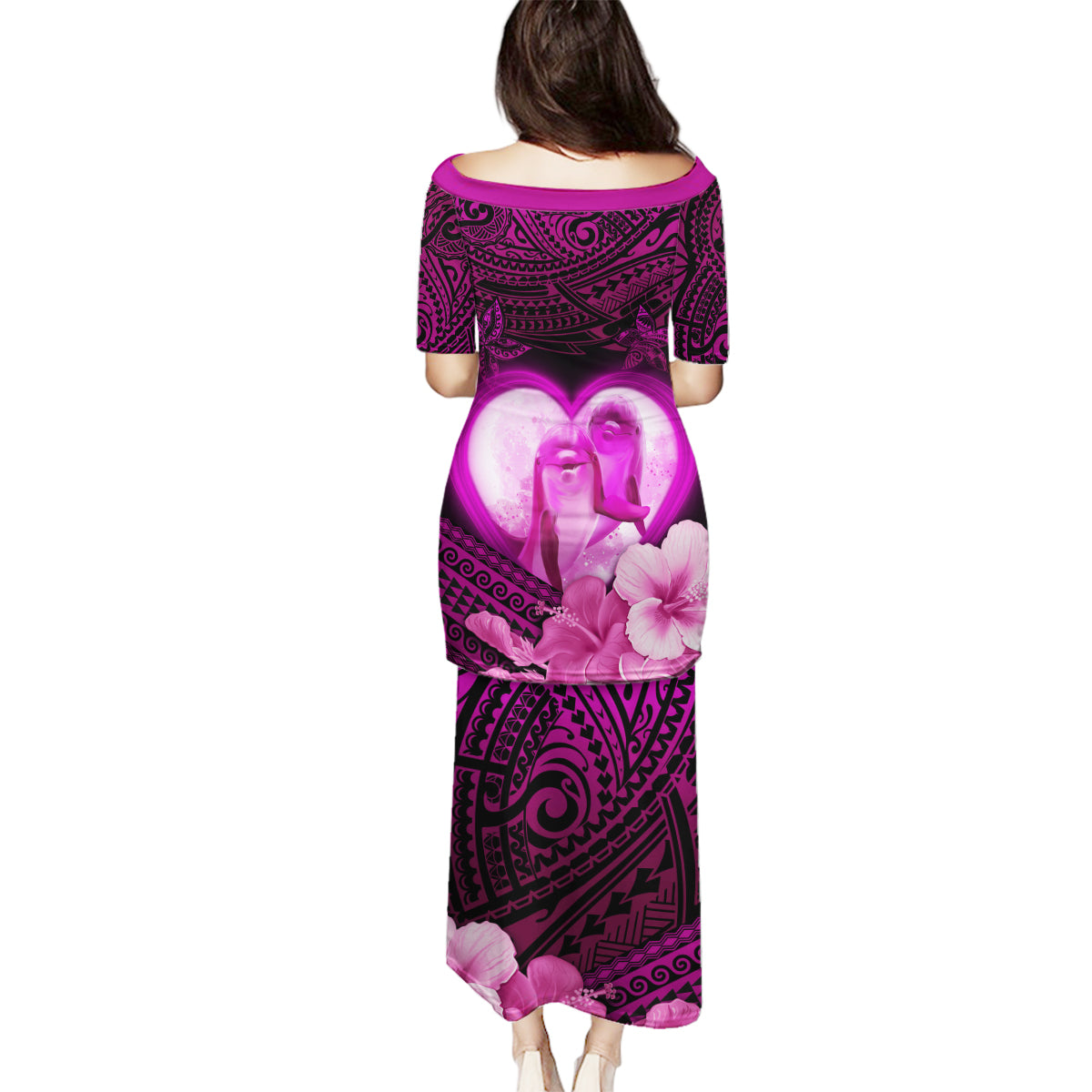 Dolphin Couple Love Story Valentine Day Family Matching Puletasi and Hawaiian Shirt With Polynesian Tribal Tattoo Pink Style LT03 - Polynesian Pride
