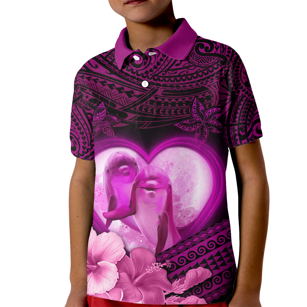 Dolphin Couple Love Story Valentine Day Kid Polo Shirt With Polynesian Tribal Tattoo Pink Style LT03 Kid Pink - Polynesian Pride