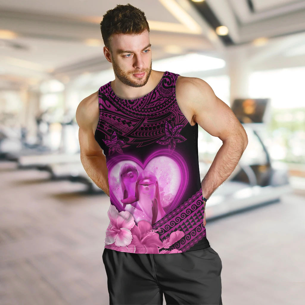 Dolphin Couple Love Story Valentine Day Men Tank Top With Polynesian Tribal Tattoo Pink Style LT03 Pink - Polynesian Pride