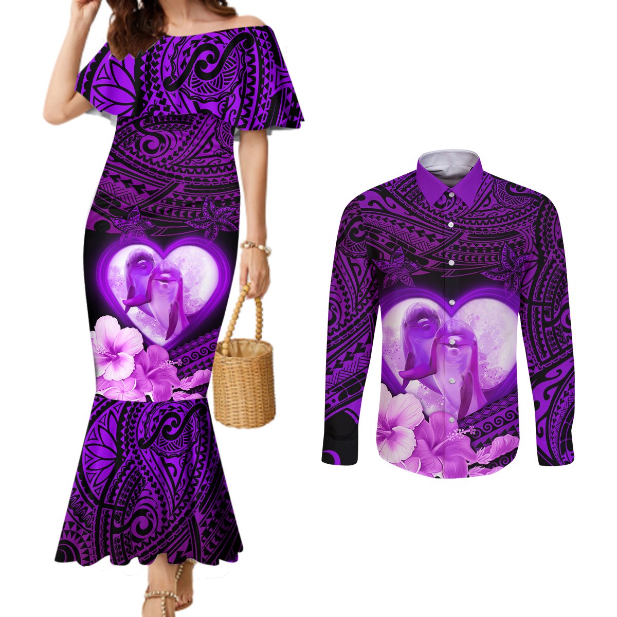 Dolphin Couple Love Story Valentine Day Couples Matching Mermaid Dress and Long Sleeve Button Shirt With Polynesian Tribal Tattoo Purple Style LT03 Purple - Polynesian Pride