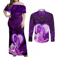 Dolphin Couple Love Story Valentine Day Couples Matching Off Shoulder Maxi Dress and Long Sleeve Button Shirt With Polynesian Tribal Tattoo Purple Style LT03 Purple - Polynesian Pride
