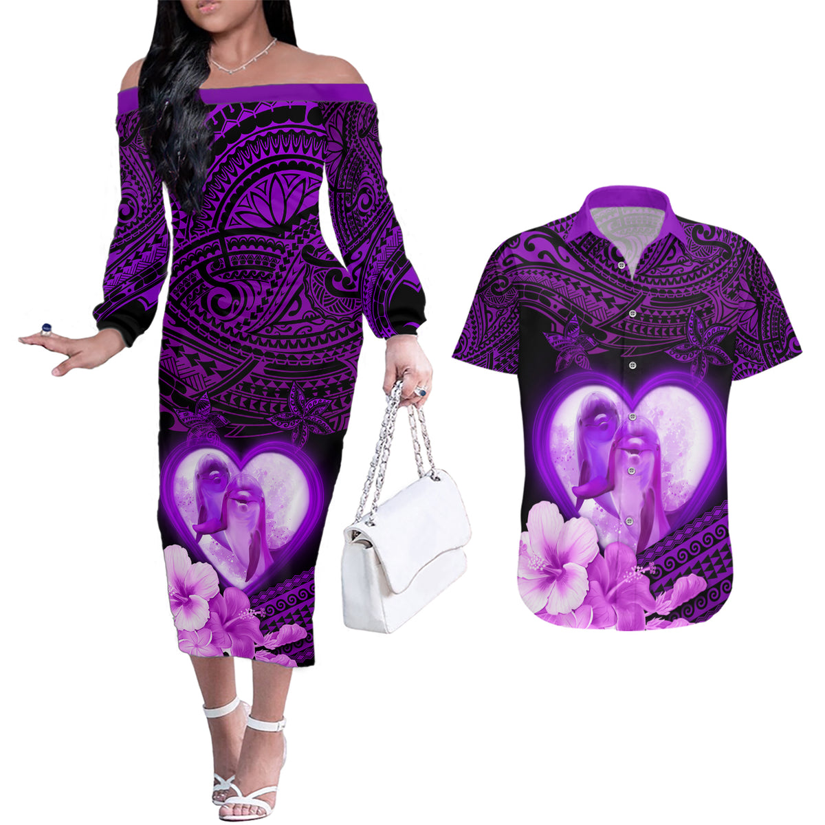 Dolphin Couple Love Story Valentine Day Couples Matching Off The Shoulder Long Sleeve Dress and Hawaiian Shirt With Polynesian Tribal Tattoo Purple Style LT03 Purple - Polynesian Pride