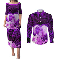 Dolphin Couple Love Story Valentine Day Couples Matching Puletasi and Long Sleeve Button Shirt With Polynesian Tribal Tattoo Purple Style LT03 Purple - Polynesian Pride