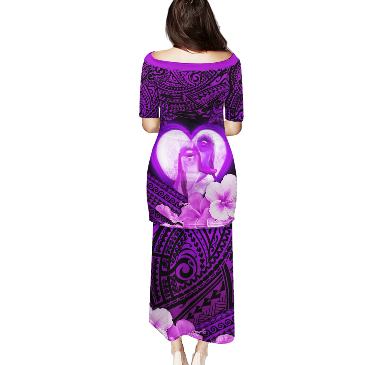 Dolphin Couple Love Story Valentine Day Family Matching Puletasi and Hawaiian Shirt With Polynesian Tribal Tattoo Purple Style LT03 - Polynesian Pride