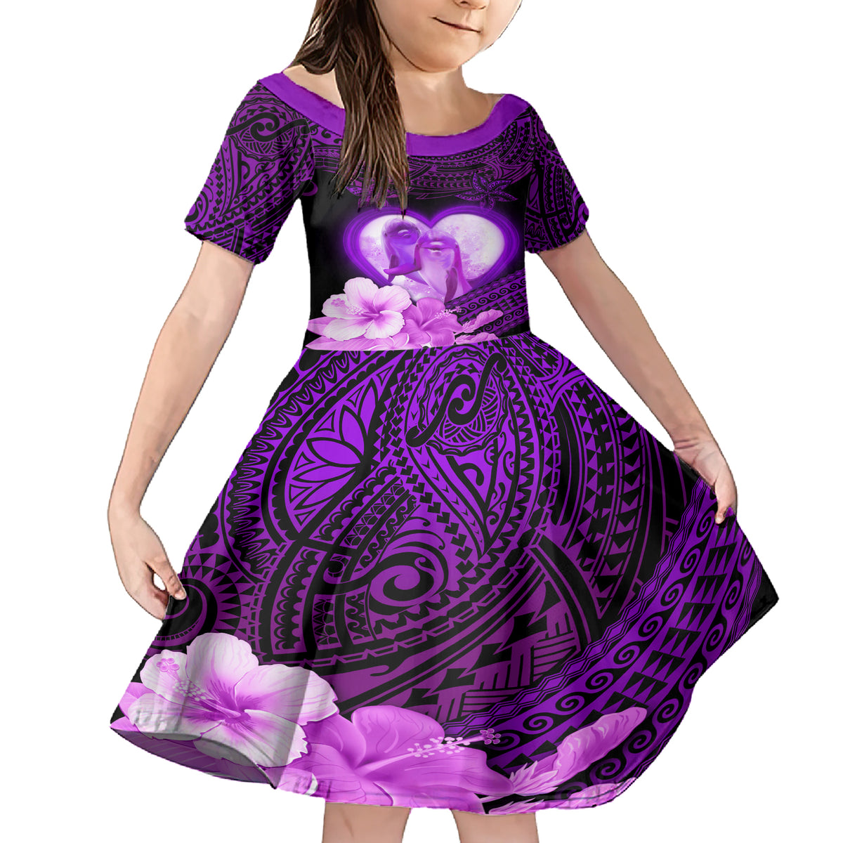 Dolphin Couple Love Story Valentine Day Family Matching Short Sleeve Bodycon Dress and Hawaiian Shirt With Polynesian Tribal Tattoo Purple Style LT03 Daughter's Dress Purple - Polynesian Pride