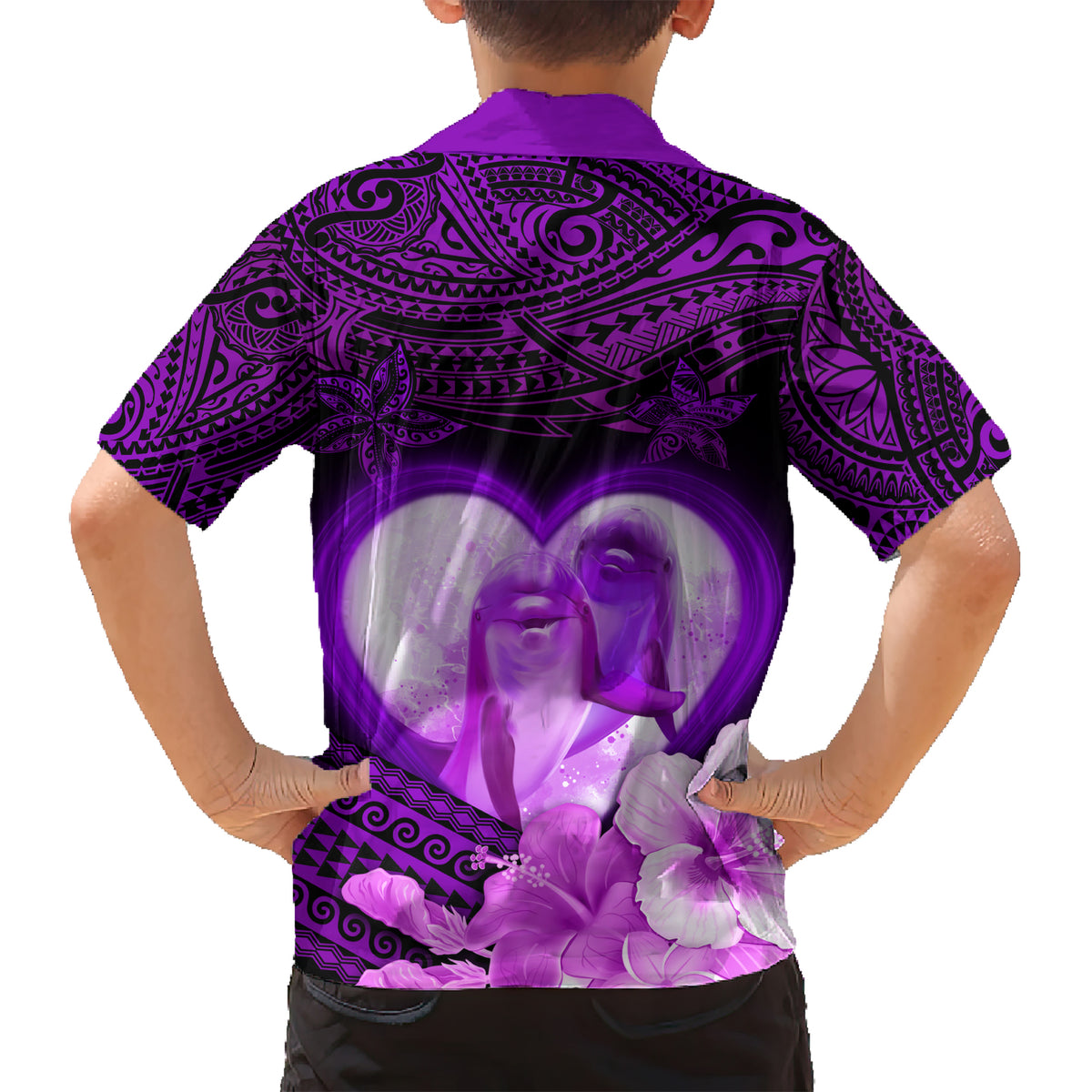 Dolphin Couple Love Story Valentine Day Kid Hawaiian Shirt With Polynesian Tribal Tattoo Purple Style LT03 - Polynesian Pride