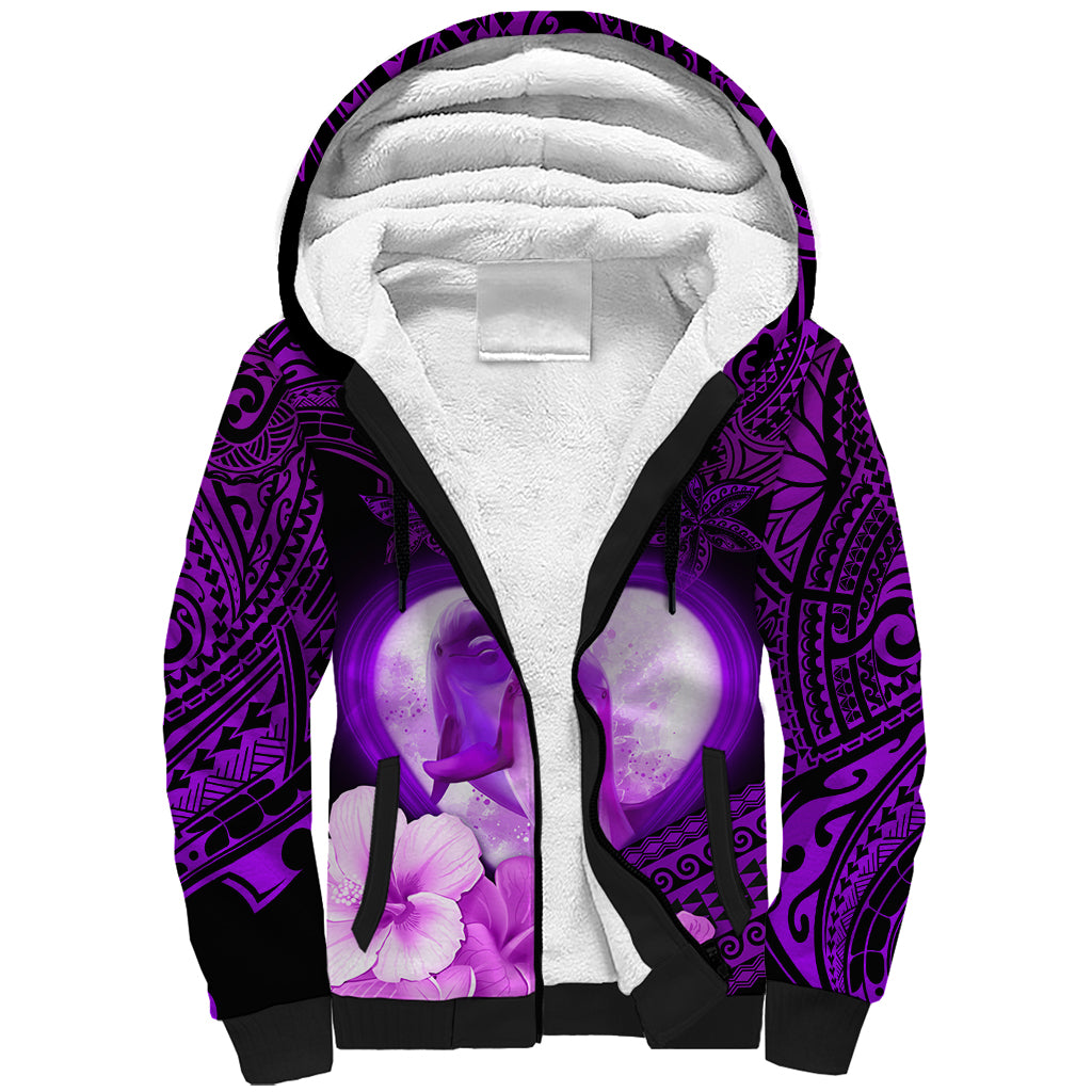 Dolphin Couple Love Story Valentine Day Sherpa Hoodie With Polynesian Tribal Tattoo Purple Style LT03 Unisex Purple - Polynesian Pride