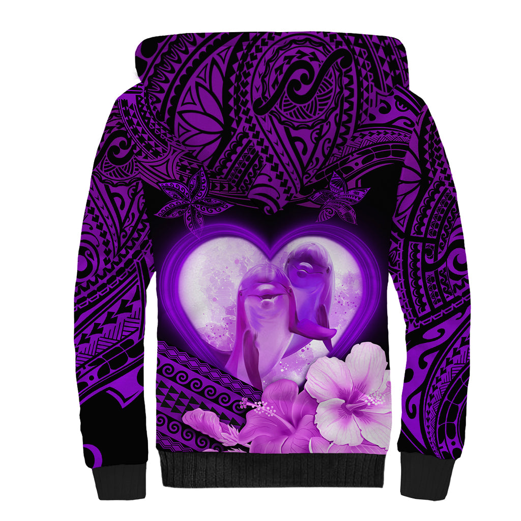 Dolphin Couple Love Story Valentine Day Sherpa Hoodie With Polynesian Tribal Tattoo Purple Style LT03 - Polynesian Pride