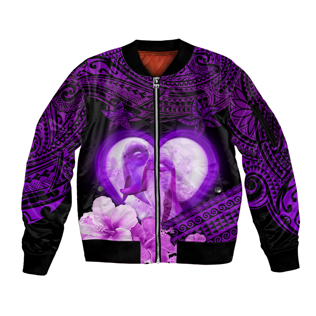 Dolphin Couple Love Story Valentine Day Sleeve Zip Bomber Jacket With Polynesian Tribal Tattoo Purple Style LT03 Unisex Purple - Polynesian Pride
